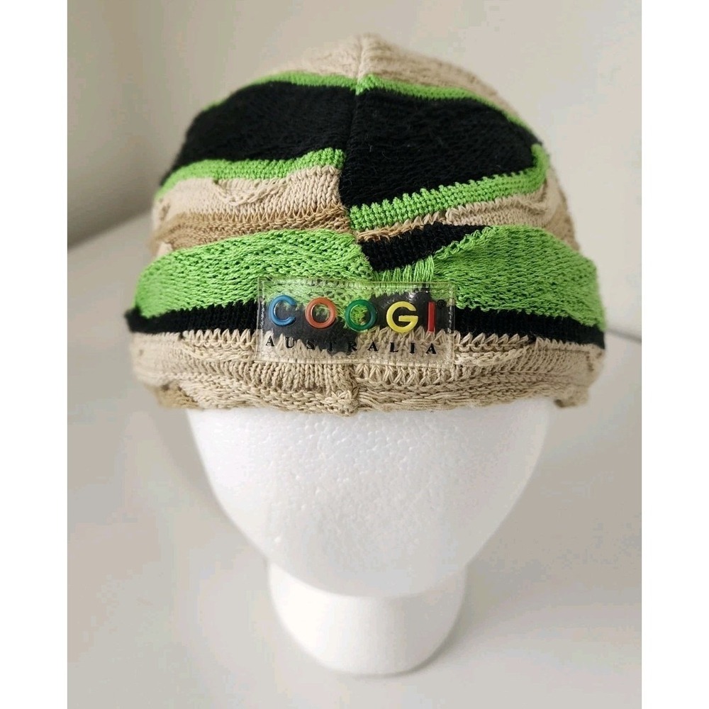 COOGI Australia Knit Beanie Hat Cap Beige Green Black Acrylic Made In Lebanon